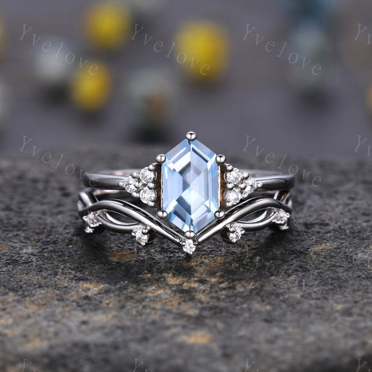 Retro hexagon Aquamarine Ring,Vintage Sterling Silver Ring Set,Unique Aquamarine Engagement Ring,Promise Ring,Anniversary Ring Gift For Her