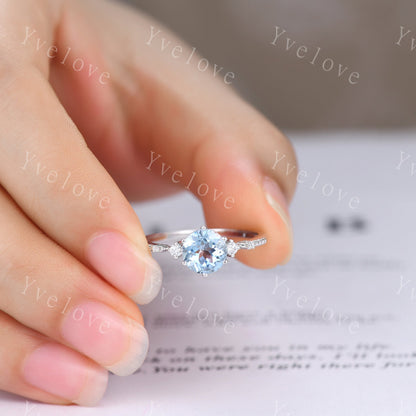 Unique Aquamarine Ring,Blue Aquamarine Engagement Ring,Enhancer Ring,Double Curved band,Women Bridal Matching Stacking Diamond Wedding Band