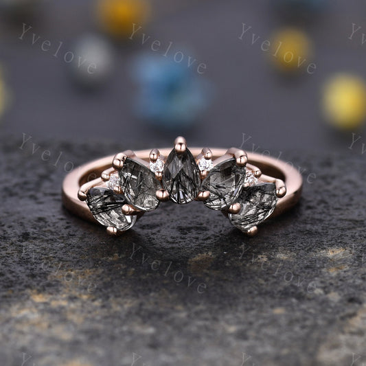 Black rutilate quartz wedding band,Statement ring,Curved wedding ring,Unique Stacking ring diamond ring,Matching band,Women Jewelry Gift