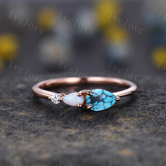 Vintage Turquoise Opal Engagement Ring,Pear Cut Gems,Art Deco Moissanite Wedding Band,3 Stone Unique Women Bridal Promise Ring,Silver Ring