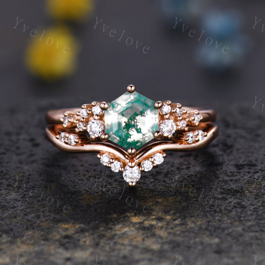 Vintage Hexagon Moss Agate engagement ring set 14k Gold Green Agate Unique Bridal set Diamond Curved wedding band Anniversary Promise Ring
