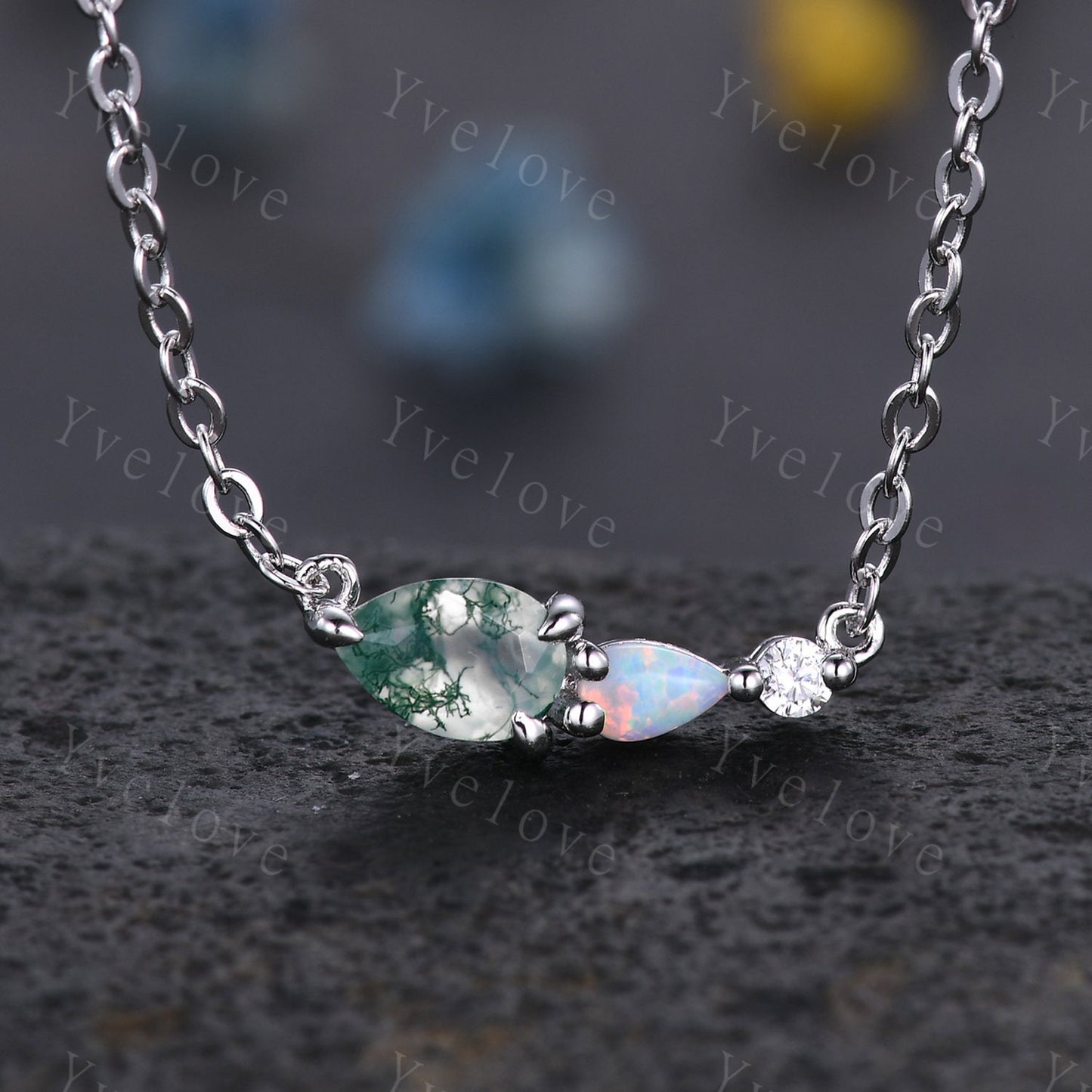 Unique Turquoise Opal Necklace,Pear Cut Gems,Art Deco Moissanite Diamond Delicate Dainty Pendant,3 Stone Unique Women Bridal Gift,White gold