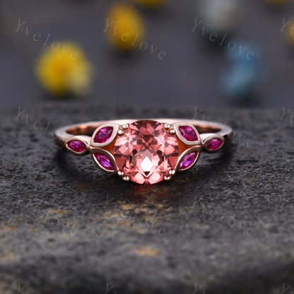 7mm round shape Papalacha sapphire engagement ring,Unique sapphire ruby ring,Marquise ruby,Rose gold Promise Bridal ring,Anniversary gift