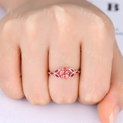 7mm round shape Papalacha sapphire engagement ring,Unique sapphire ruby ring,Marquise ruby,Rose gold Promise Bridal ring,Anniversary gift