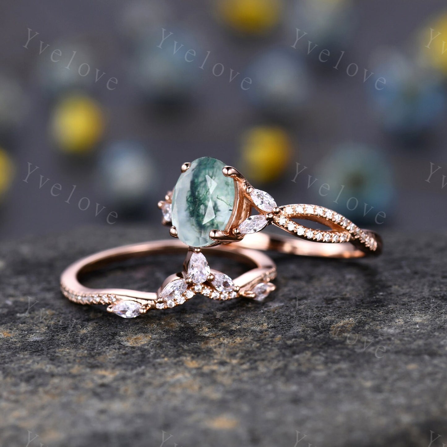 Art Deco Oval Moss Agate engagement ring set 14k Gold Green Aagte Ring Unique Bridal set Diamond wedding Curved Band Vintage Promise Gift