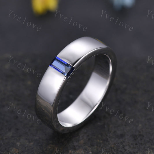 Mens Blue Sapphire Wedding Band Baguette Cut Sapphire Band 5mm Solid Gold Ring Mens Solitaire Stacking Matching Band Retro Vintage Ring Gift