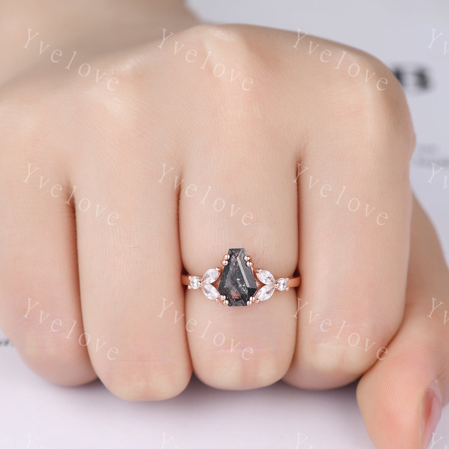 Vintage coffin shaped black quartz ring set moissanite wedding ring Unique rutilated quartz engagement ring rose gold bridal promise ring