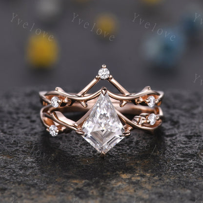 Vintage Kite Shaped Moissanite Engagement Ring Set,Twisted Ring,Leaf Vines Moissanite Bridal Set,Branch Ring,Dainty Twig Diamond Ring Gift