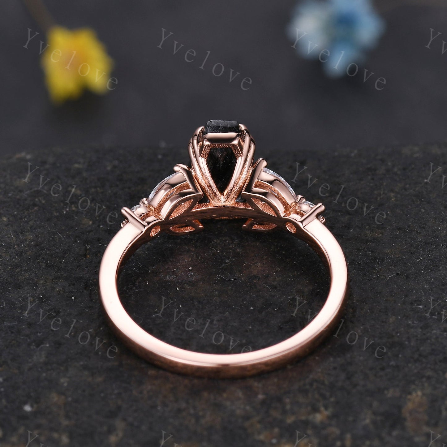 Vintage coffin shaped black quartz ring set moissanite wedding ring Unique rutilated quartz engagement ring rose gold bridal promise ring