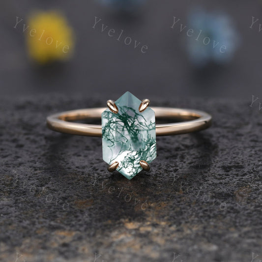 Vintage Long Hexagon Moss Aate engagement ring,Unique Green Agate Wedding Ring,Solitaire Ring,Dainty Ring,Promise Stacking Ring,Gift For Her