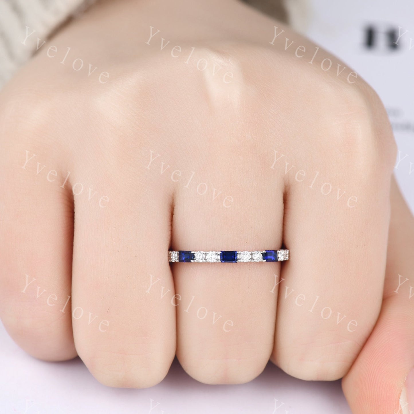 Baguette Cut Sapphire and Diamond Wedding Ring Half Eternity Band Stacking Matching Ring 14K White Gold Anniversary Gift For Her Customized