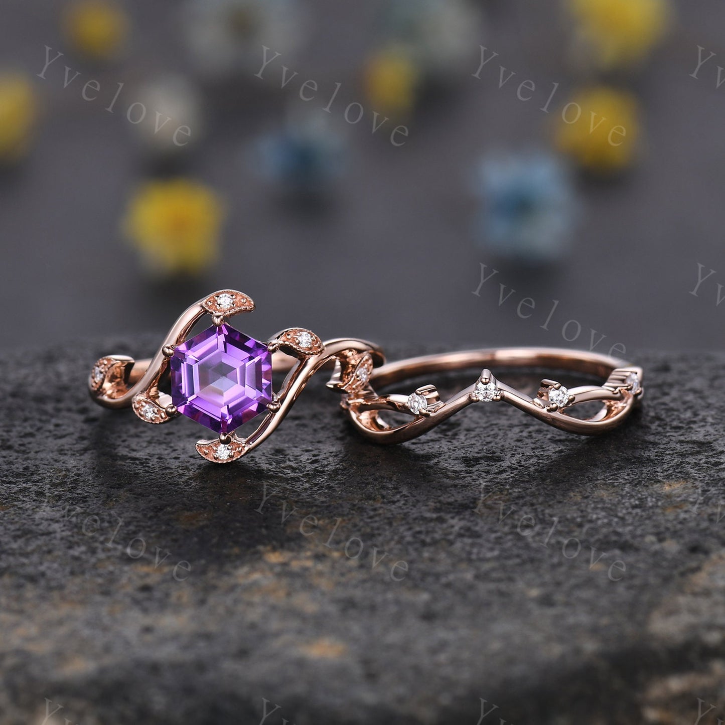 Retro hexagon Amethyst Ring,Vintage rose gold Ring Set,Unique Amethyst Engagement Ring,Promise Ring,Bridal Ring Set February Ring Mom Gift