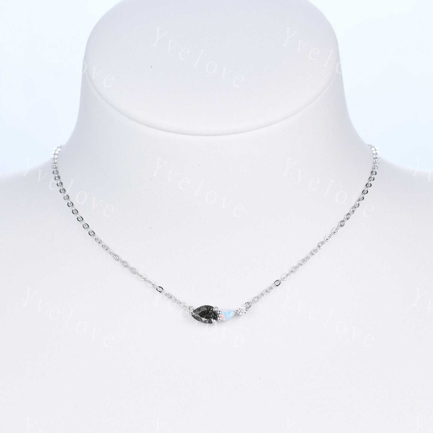 Vintage Black Rutilated Quartz Opal Necklace,Pear Opal,Art Deco Moissanite Delicate Dainty Necklace,3 Stone Unique Women Bridal Gift,Silver