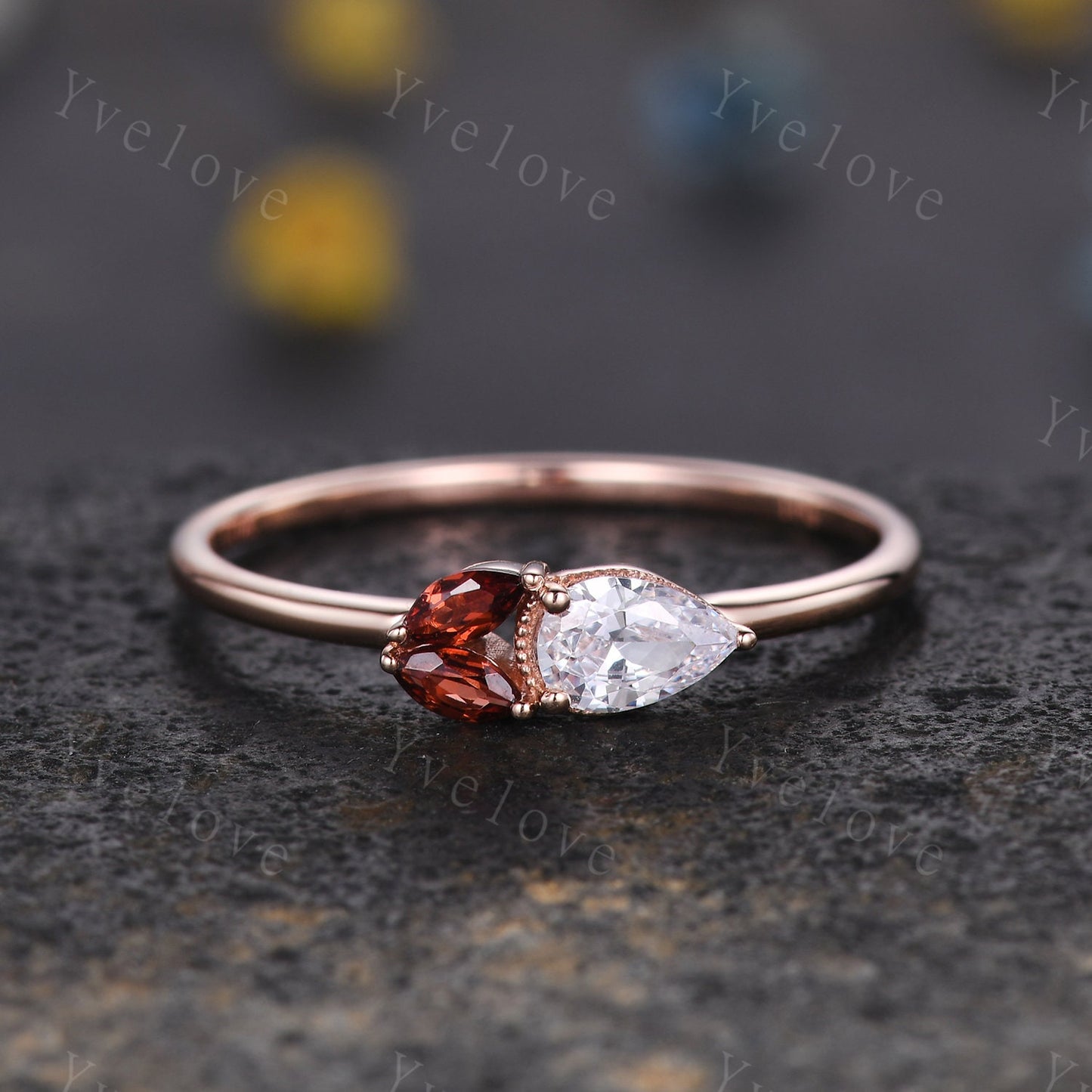 Minimalist Pear Moissante Wedding Ring,Art Deco Red Garnet Stacking Band,Milgrain,Rose gold,3 Stone Unique Women Bridal Cluster Ring Gift