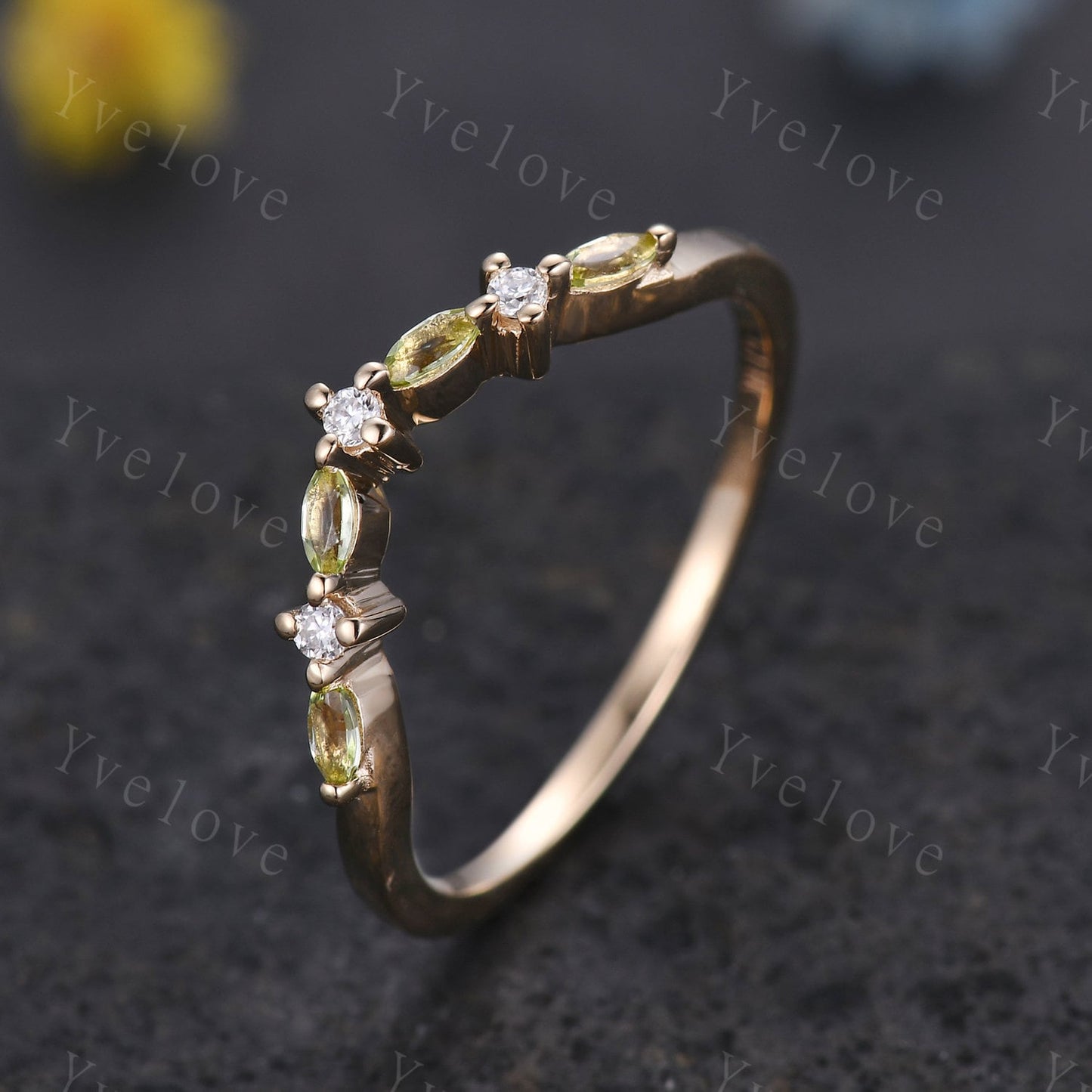 Natural Peridot Matching Band V Curved stacking band moissanite wedding ring 14k gold art deco marquise peridot ring promise ring customized