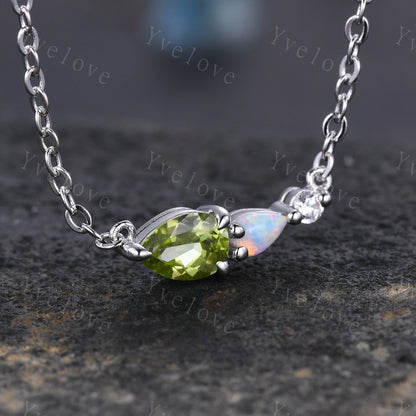 Unique Peridot Opal Necklace,Pear Cut Gems,Art Deco Moissanite Diamond Delicate Dainty Necklace,3 Stone Unique Women Bridal Gift,Silver