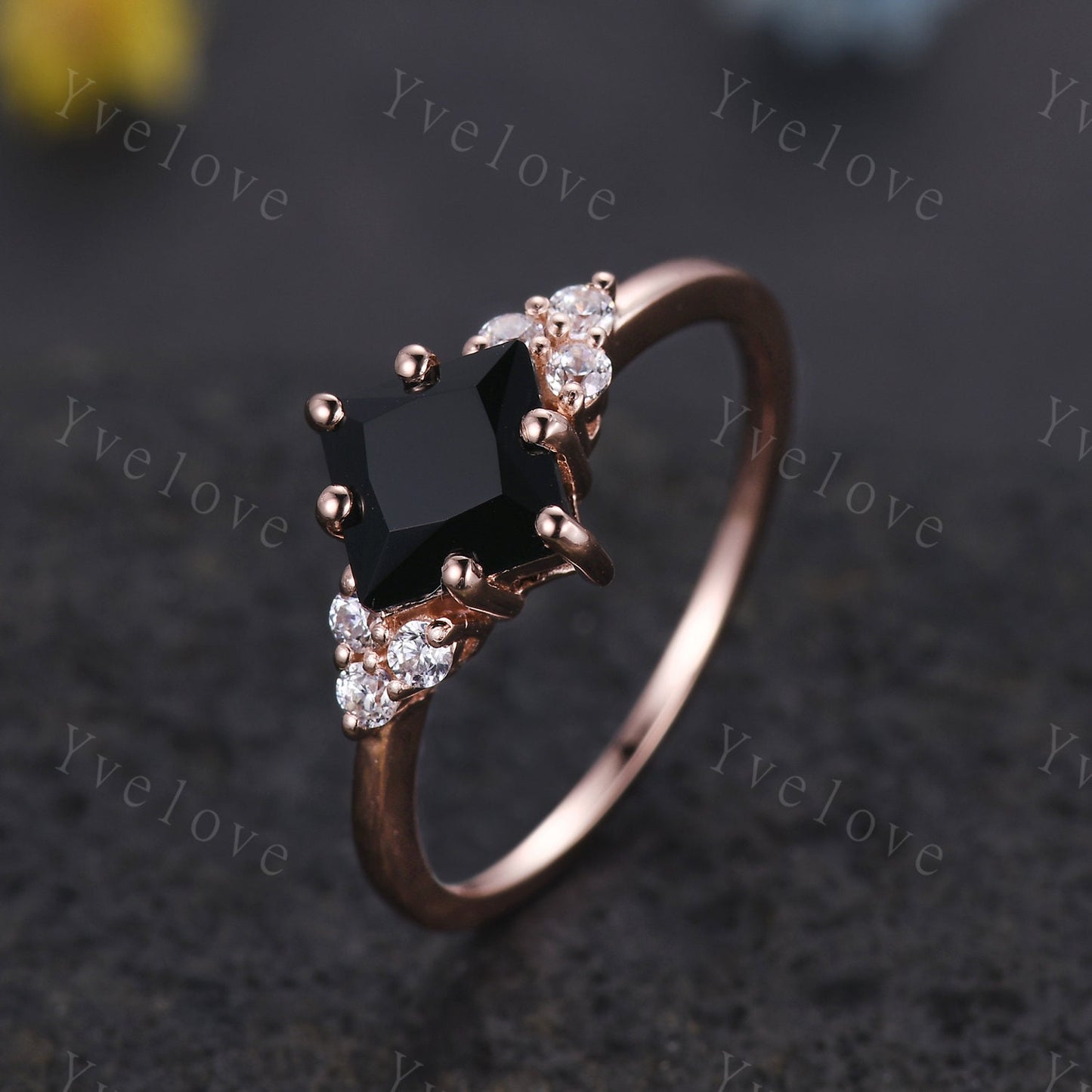 Vintage Retro Black Onyx Ring,6mm Princess Cut Onyx Engagement Ring,Moissanite Stacking band,Rose Gold,Women Promise Anniversary ring gift