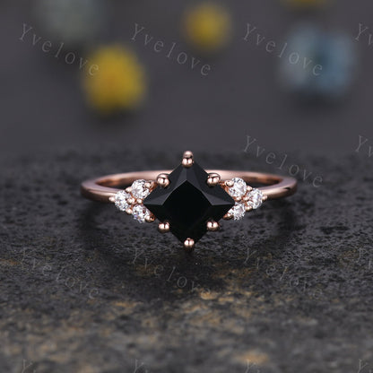 Vintage Retro Black Onyx Ring,6mm Princess Cut Onyx Engagement Ring,Moissanite Stacking band,Rose Gold,Women Promise Anniversary ring gift