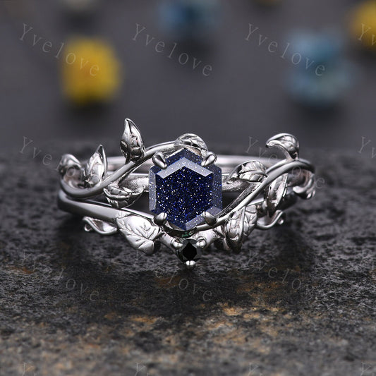 Hexagon Sandstone Ring,Vintage Twig Vine Leaf Ring,Unique Sandstone Engagement Ring,Black Gemstone Ring,Promise Anniversary Bridal Ring Gift