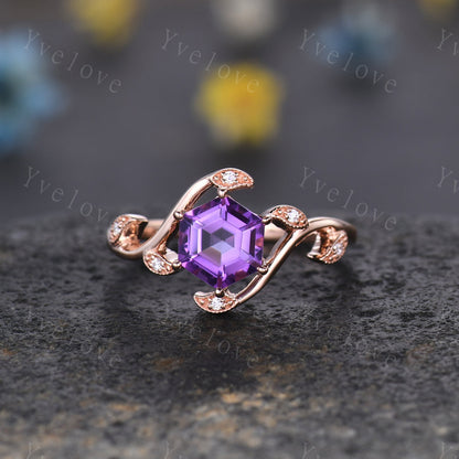 Retro hexagon Amethyst Ring,Vintage rose gold Ring Set,Unique Amethyst Engagement Ring,Promise Ring,Bridal Ring Set February Ring Mom Gift