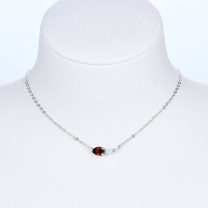 Unique Garnet Opal Necklace,Pear Cut Gems,Art Deco Moissanite Diamond Delicate Dainty Necklace,3 Stone Unique Women Bridal Gift,White gold