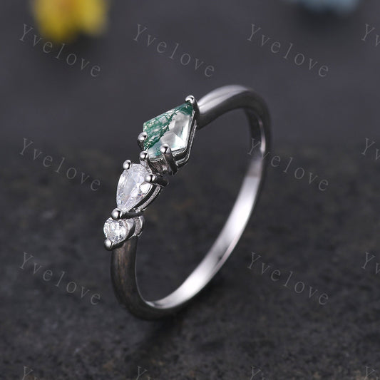 Unique Moss Agate Opal Engagement Ring,Kite Cut Gems,Art Deco Moissanite Wedding Band,3 Stone Unique Women Bridal Promise Ring,Customized