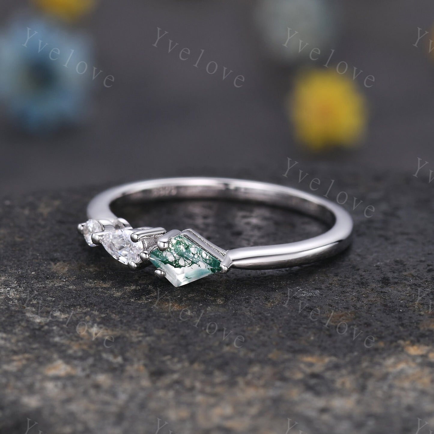 Unique Moss Agate Engagement Ring,Kite Cut Gems,Art Deco Moissanite Wedding Band,3 Stone Unique Women Bridal Promise Ring,Customized Gift