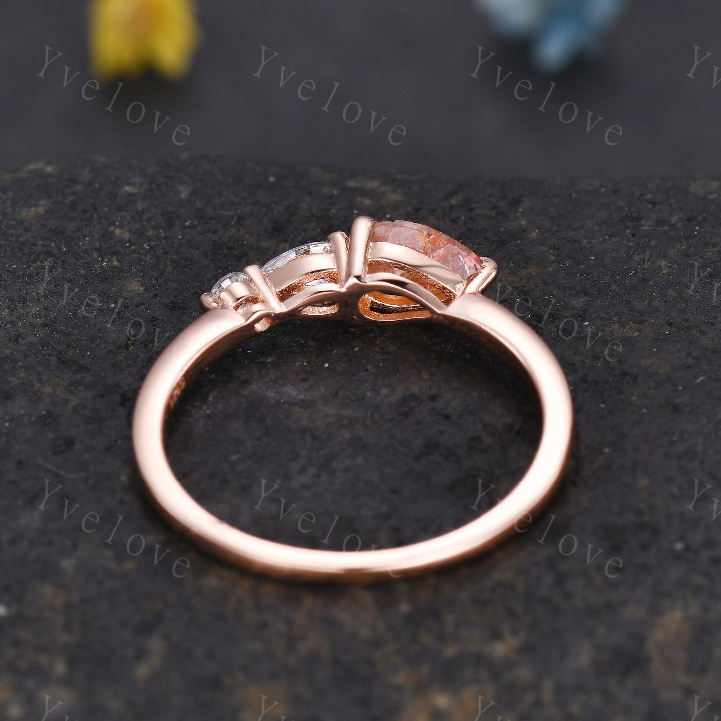Vintage Sunstone Engagement Ring,Pear Cut Gems,Art Deco Moissanite Wedding Band,3 Stone Unique Women Bridal Promise Ring,14k Rose gold Gift