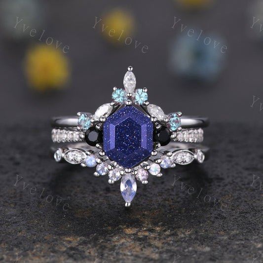 Vintage hexagon sandstone engagement ring,Unique wedding set,Art deco alexandrite moonstone moissanite matching stacking ring,bridal set