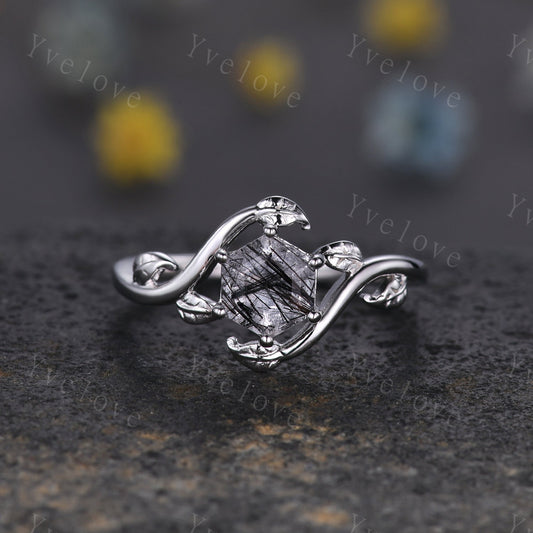 Retro hexagon Black Rutilate Quartz Ring,Vintage Silver Ring,Unique Rutilated Quartz  Engagement Ring,Leaf Promise Ring,Bridal Ring Set Gift