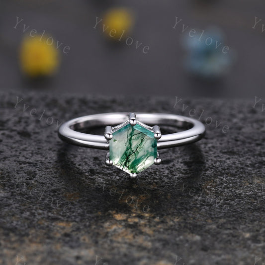 Moss agate engagement ring,Green agate ring,Moss agate ring,Hexagon cut moss agate ring,Platinum ring,Silver ring,Solitaire ring,Customized