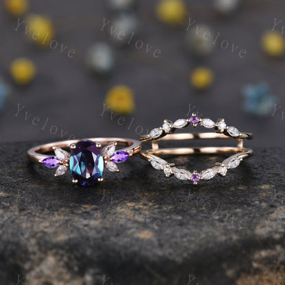 Vintage Alexandrite Engagement Ring Enhancer Ring Rose Gold Women Moissanite Amethyst Gem Promise Bridal Stacking Matching Ring Set Gift