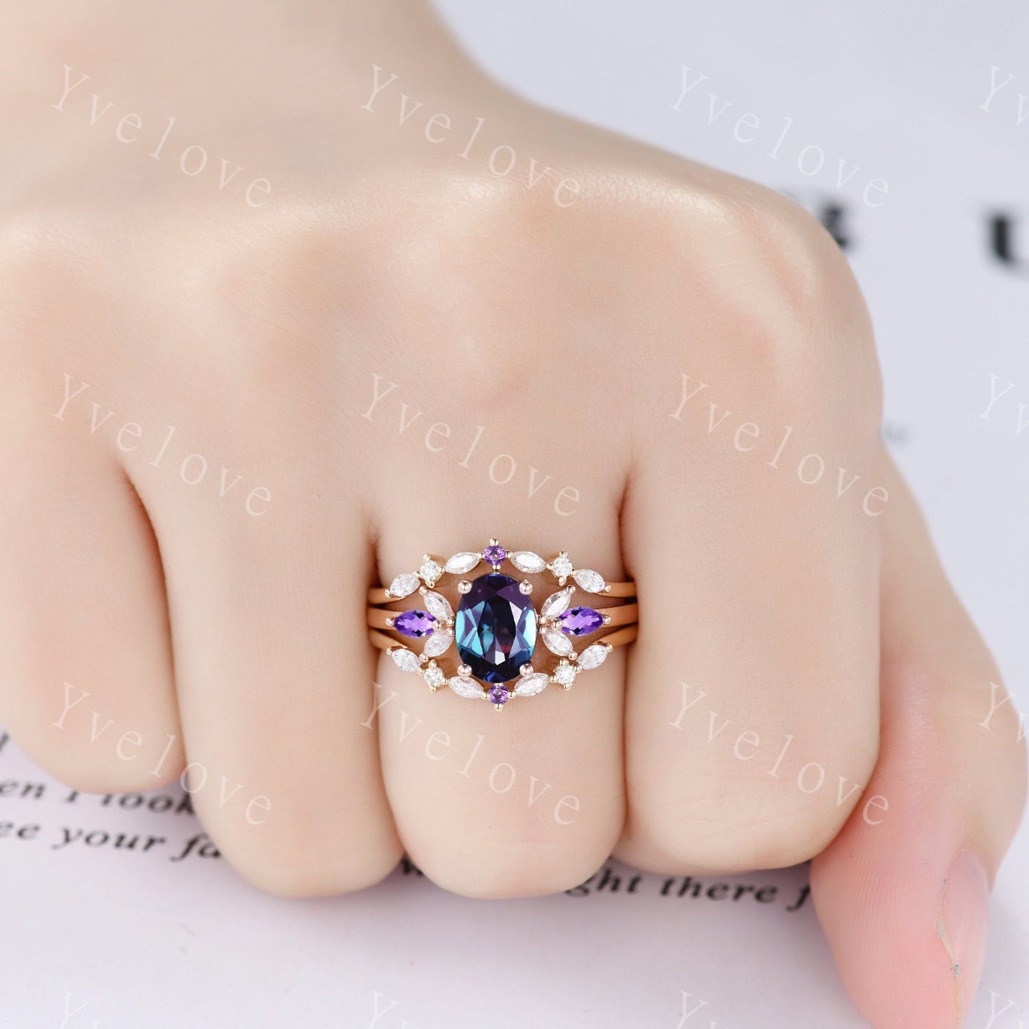 Vintage Alexandrite Engagement Ring Enhancer Ring Rose Gold Women Moissanite Amethyst Gem Promise Bridal Stacking Matching Ring Set Gift