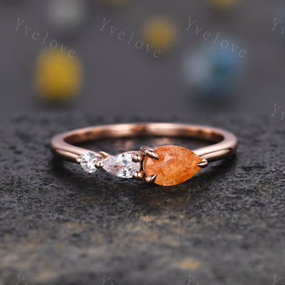 Vintage Sunstone Engagement Ring,Pear Cut Gems,Art Deco Moissanite Wedding Band,3 Stone Unique Women Bridal Promise Ring,14k Rose gold Gift