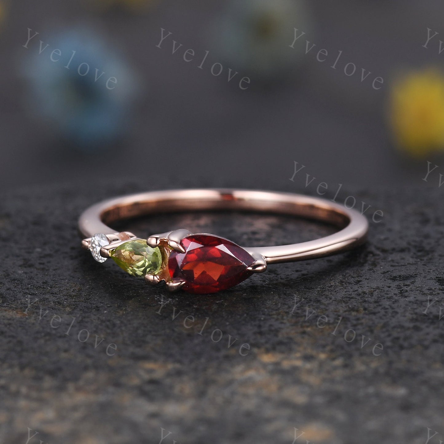 Vintage Red Garnet Peridot Engagement Ring,Pear Cut Gems,Art Deco Moissanite Wedding Band,3 Stone Unique Women Bridal Promise Ring,Custom