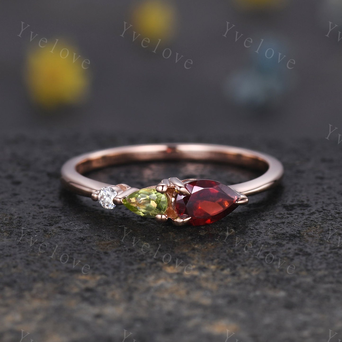 Vintage Red Garnet Peridot Engagement Ring,Pear Cut Gems,Art Deco Moissanite Wedding Band,3 Stone Unique Women Bridal Promise Ring,Custom