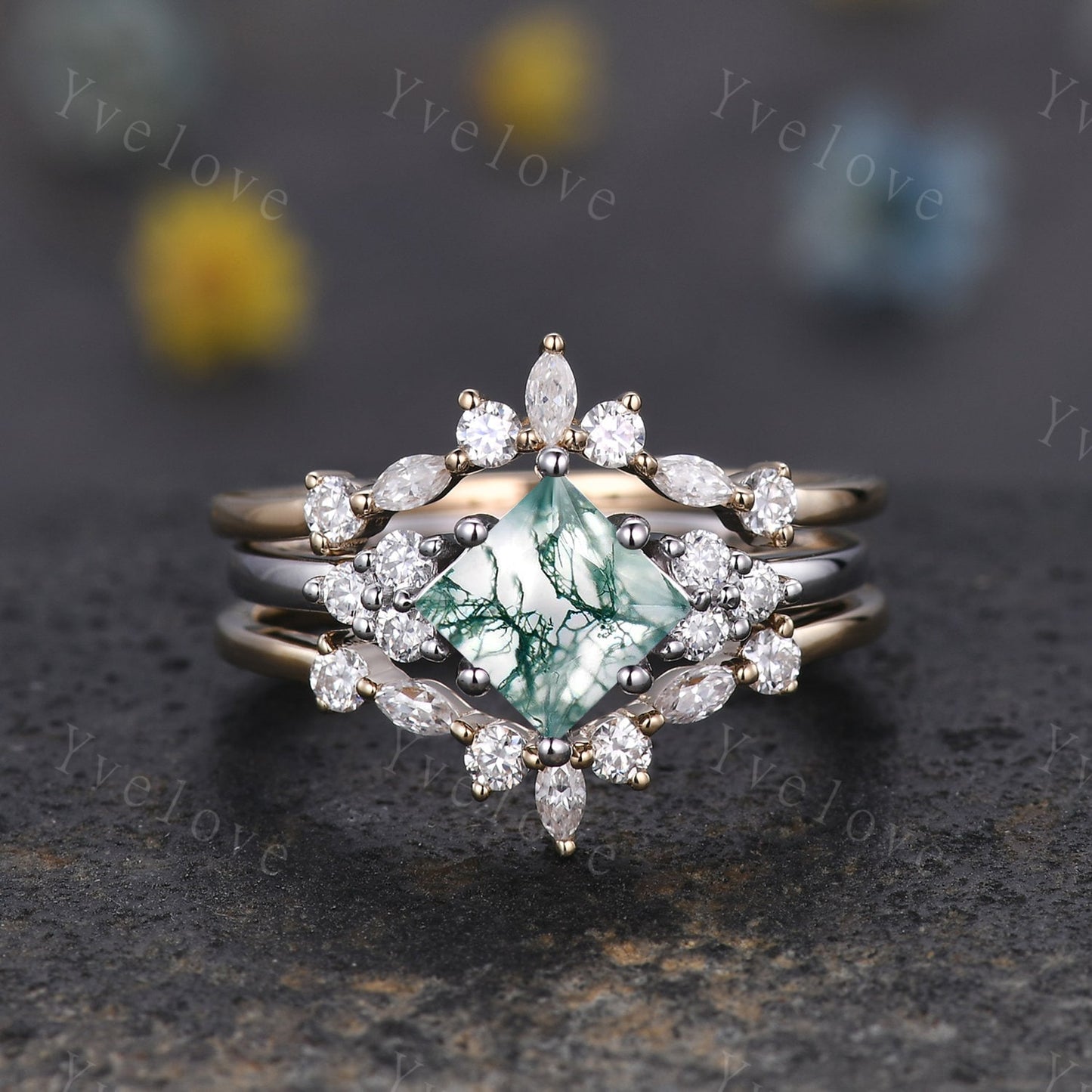 Unique Princess Cut Moss agate Ring Set,Moss Agate Engagement Ring,Enhancer Ring,Women Moissanite Bridal Stacking Double Curved Wedding band
