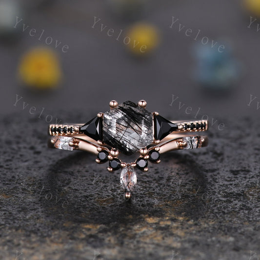 Hexagon Cut Black Rutilated Quartz Engagement Ring,Vingate Bridal Set,Black Gems,925 Silver,Gothic Ring,Promise Wedding Ring Gift for Her