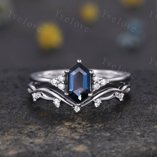 Retro Long hexagon London Blue Topaz Ring,Vintage Sterling Silver Ring Set,Unique Topaz Engagement Ring,Promise Ring,Anniversary Ring Gift