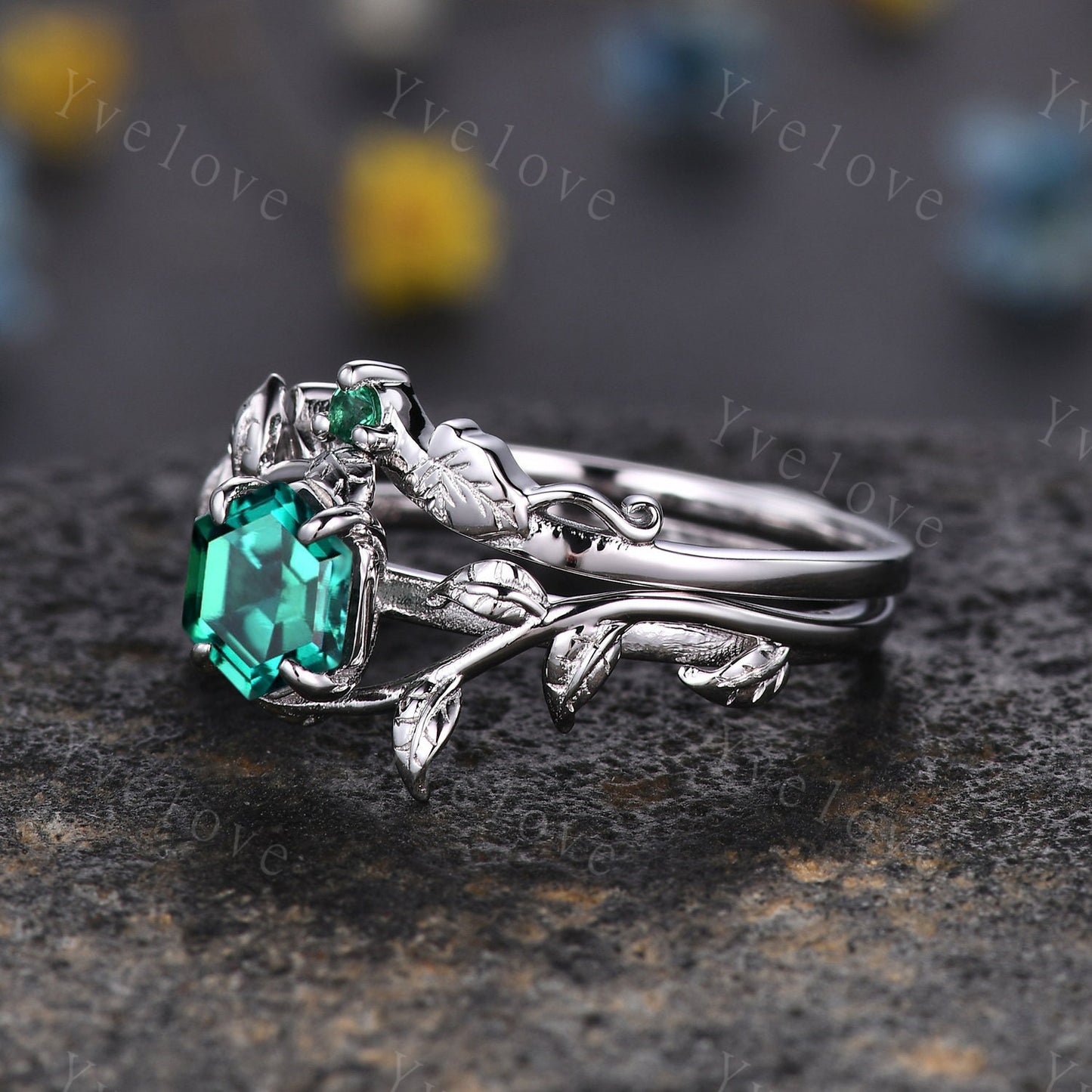 Hexagon Emerald Ring,Vintage Twig Vine Leaf Ring,Unique Emerald Engagement Ring,May birthstone Ring,Promise Anniversary Bridal Ring Gift