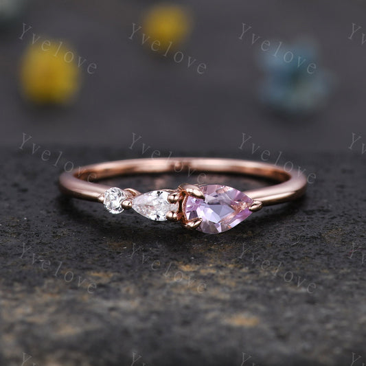Vintage Lavender Amethyst Engagement Ring,Pear Cut Gems,Art Deco Moissanite Wedding Band,3 Stone Unique Women Bridal Promise Ring,Custom