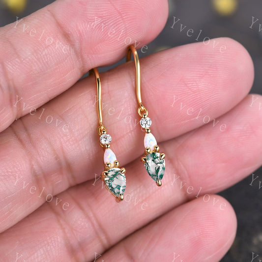Unique Moss Agate Opal Earrings,Pear Cut Gems,Art Deco Moissanite Diamond Delicate Dainty Earrings,3 Stone Minimalist Women Gift for Her