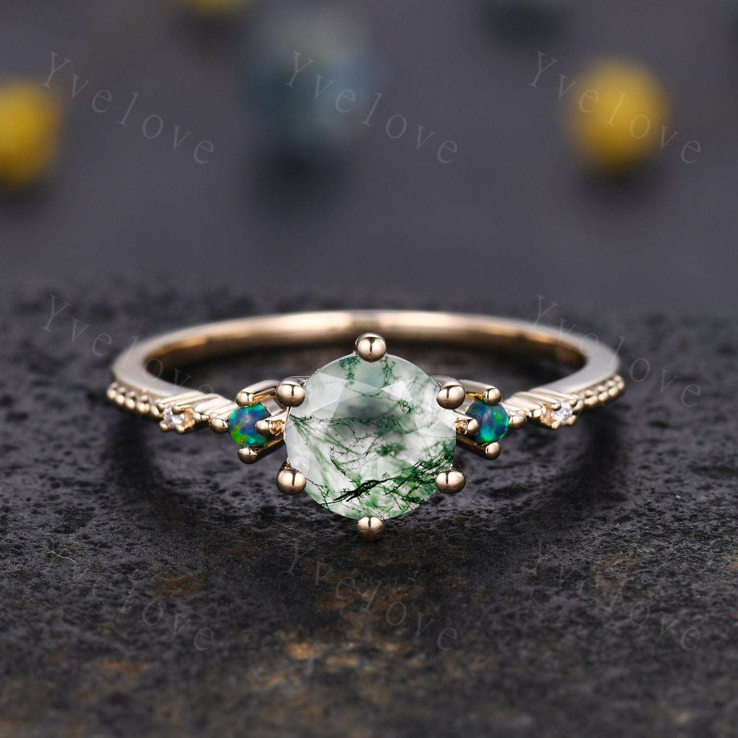 Unique Moss Agate Ring,Green Agate Engagement Ring,Black Opal Ring,Women Moissanite Bridal Matching Stacking Diamond Wedding Band,Gold Ring