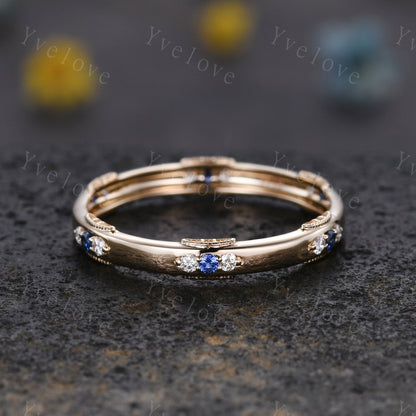 Antique Sapphire Wedding Band Eternity Blue Sapphire ring Sterling Silver September Birthstone Promise Anniversary Gift for Her Handmade