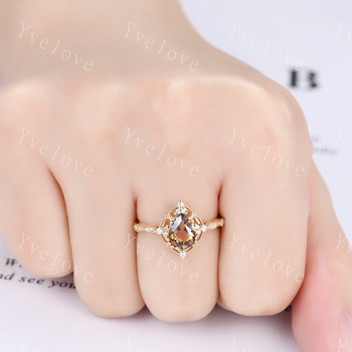 Vintage Smoky Quartz Engagement Ring,Pear Shape Brown Quartz Ring Set,14K Gold Ring,Unique Women Moissanite Promise Ring For Her,Handmade