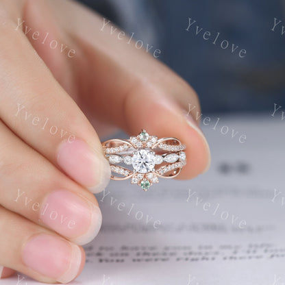 Art deco round moissanite engagement ring set,enhancer ring,moss agate moissanite stacking matching wedding band,bridal promise ring gift