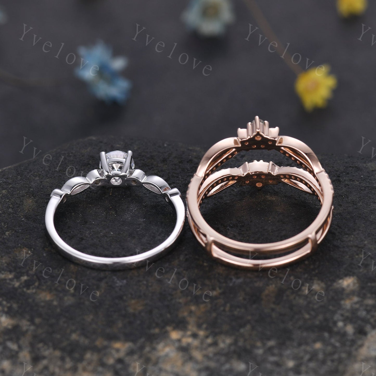 Art deco round moissanite engagement ring set,enhancer ring,moss agate moissanite stacking matching wedding band,bridal promise ring gift