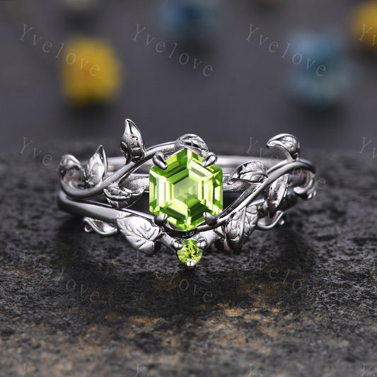 Hexagon Peridot Ring,Vintage Twig Vine Leaf Ring,Unique Peridot Engagement Ring,August birthstone Ring,Promise Anniversary Bridal Ring Gift