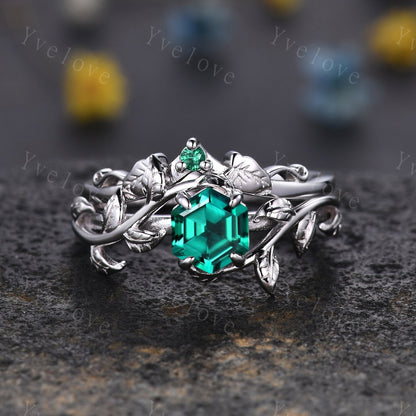Hexagon Emerald Ring,Vintage Twig Vine Leaf Ring,Unique Emerald Engagement Ring,May birthstone Ring,Promise Anniversary Bridal Ring Gift