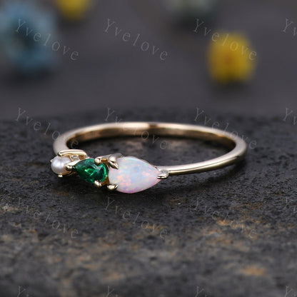 Vintage Opal Emerald Engagement Ring,Pear Cut Gems,Art Deco Pearl Wedding Band,3 Stone Unique Women Bridal Promise Ring,Gold ring,Custom